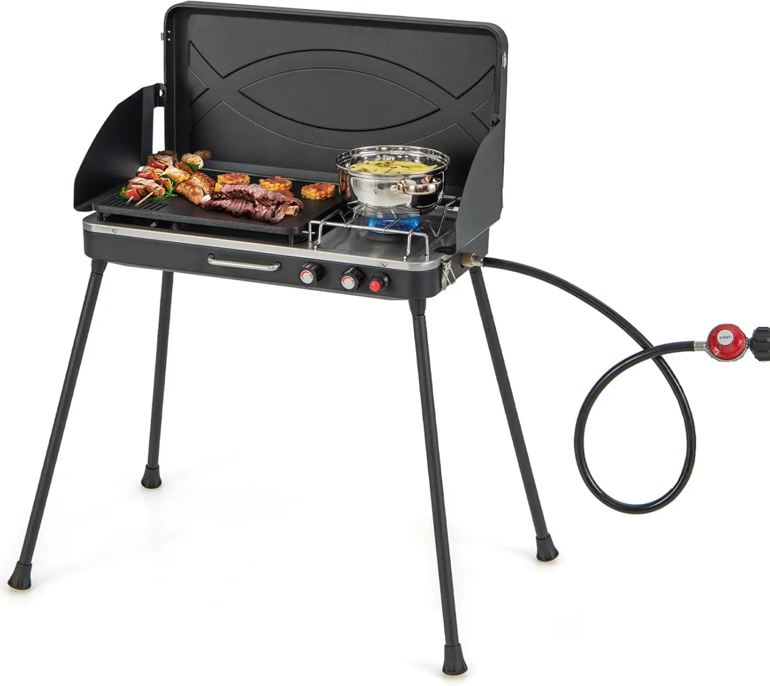 2-in-1 Gas Camping Grill and Stove, Portable Propane Grill Burner with Dual Control Knobs, Detachable Legs, 3-Sided Wind Screen