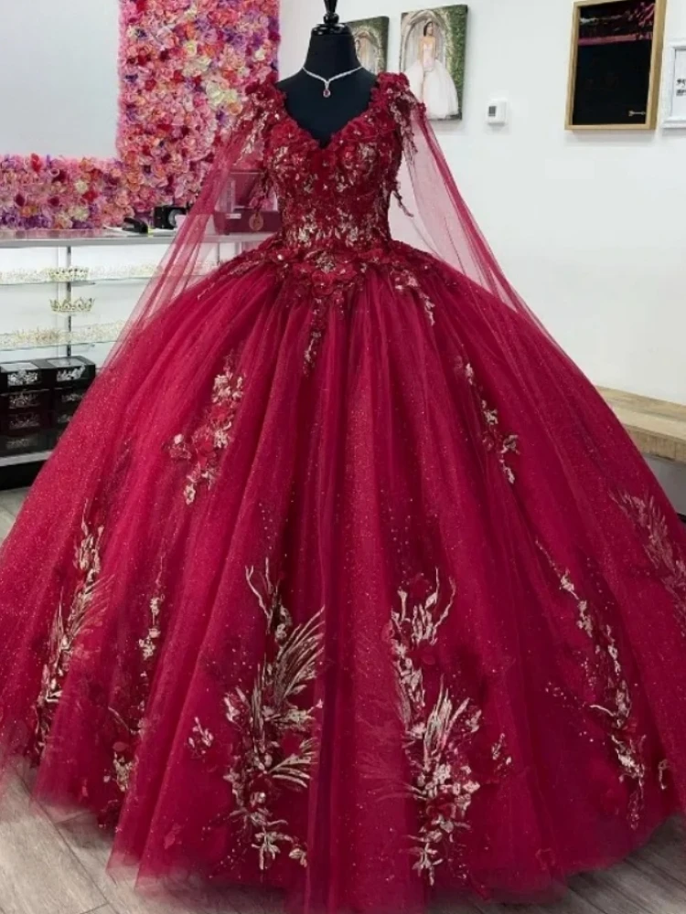 AQ182-vestidos De Quinceañera De princesa personalizados, con capa De manga, cuello en V, Vestido De baile Floral 3D, dulce 14 16 De 15 años, 2025