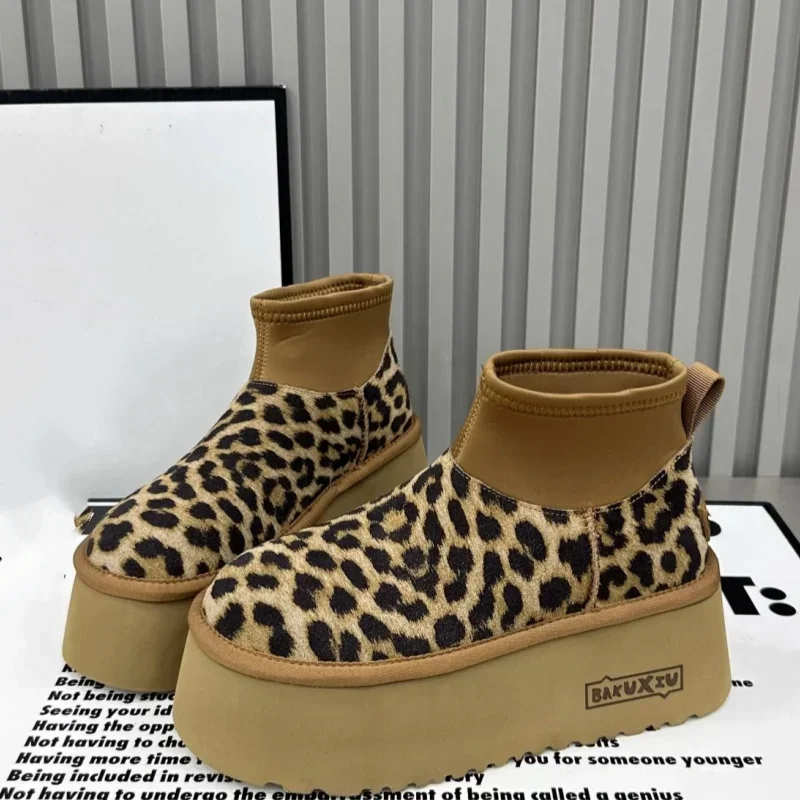 

Leopard Print Suede Flats Platform Woman Ankle Boots Winter New Women Shoes Warm 2025 Trend Short Plush Cozy Casual Snow Boots