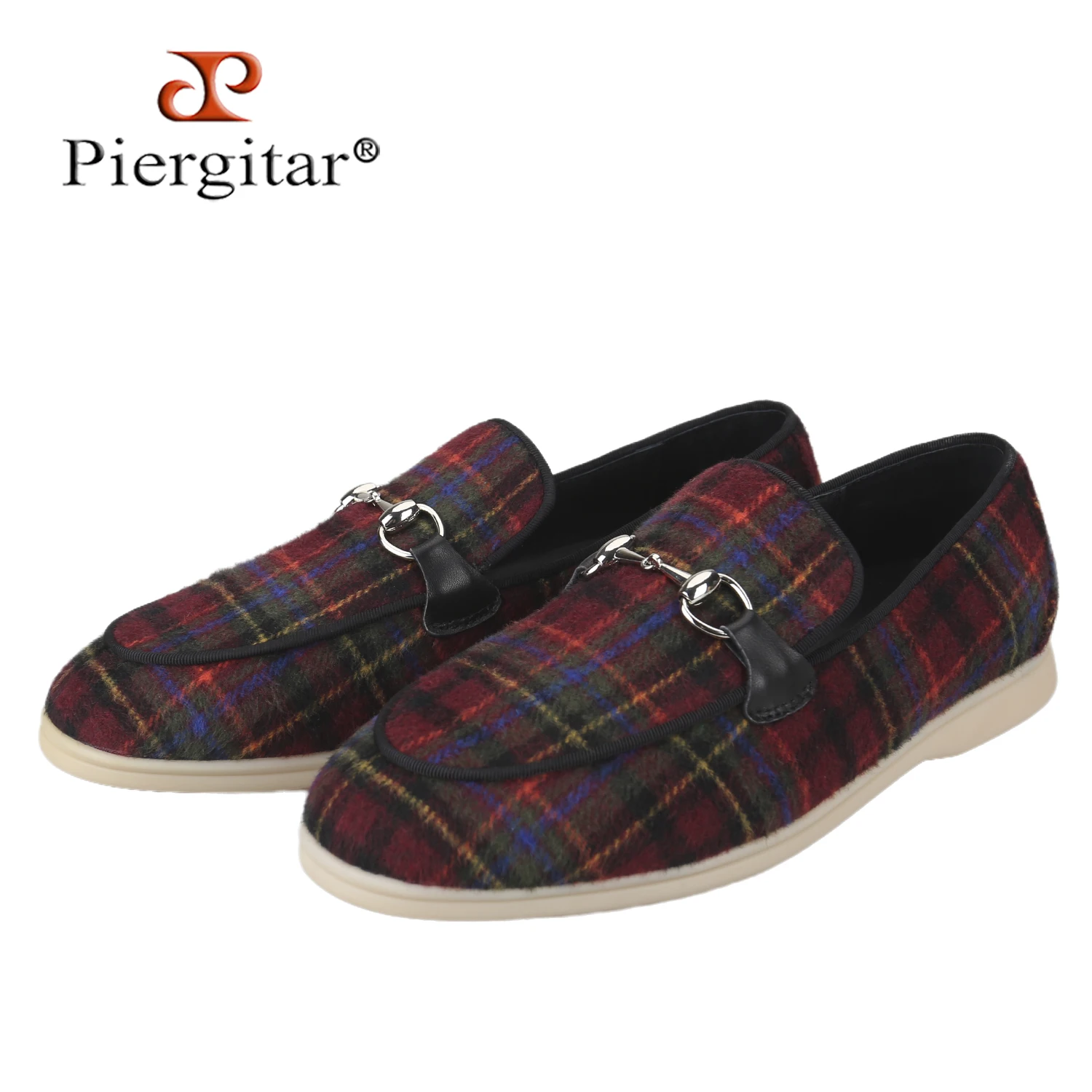 Piergitar Scottish Classic Checkered Wool Men's Summer Walk Shoes Customize Luxury Brand Style Chain Buckle Slip-On Loafer Flats