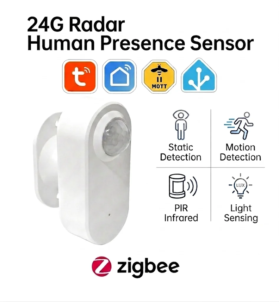 Capteur de présence humaine intelligent Tuya Zigbee 24G, radar à ondes millimétriques + PIR, détection de luminosité, fonctionne sur batterie, compatible Zigbee2mqtt et Home Assistant