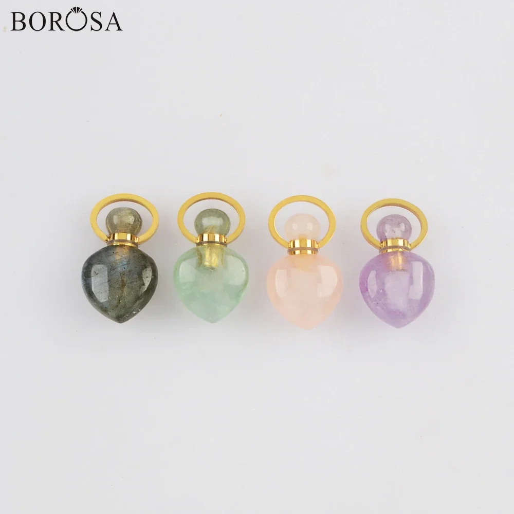 

BOROSA Perfume Bottle Pendant Natural Stone Crystal Rose Quartz Essential Oil Bottles Charm For Jewelry Making DIY Necklace