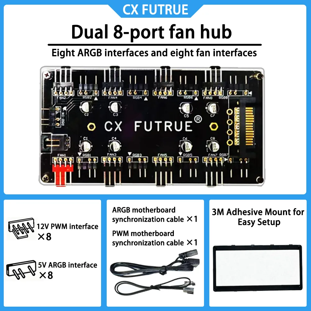

CX FUTRUE Dual 8-Port PWM Fan Hub & ARGB Controller, 12V PWM + 5V ARGB, SATA Powered, for PC Case