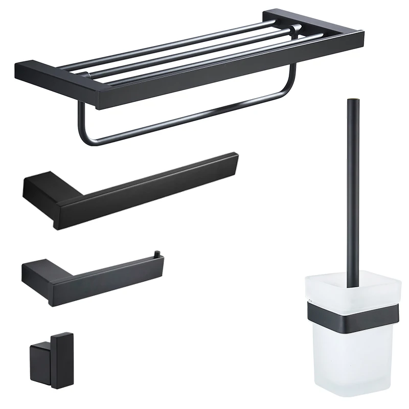 Matte Black Hook Towel Rack 304 Stainless Steel Towel Bar Double Towel Shelf Paper Holder Tissue Holder Toilet Brush Holder