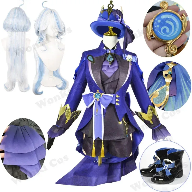 

Furina Cosplay Costume Black Suits with Hat Impact Fontaine Furina Cosplay Wig Hair Outfits Shoes Party Costumes