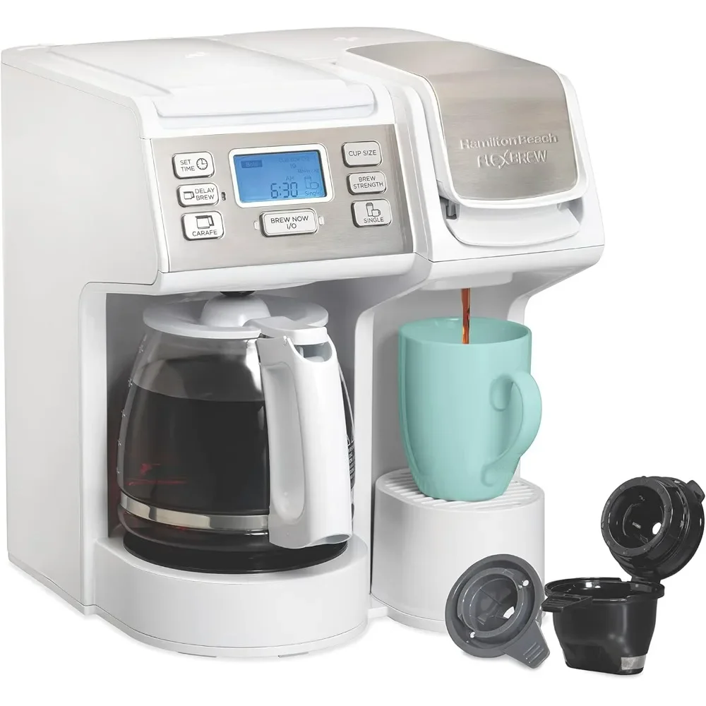 Trio 2-Way Coffee Maker, Compatible with K-Cup Pods or Grounds, Single Serve & Full 12c Pot, White with Stainless Steel Accents