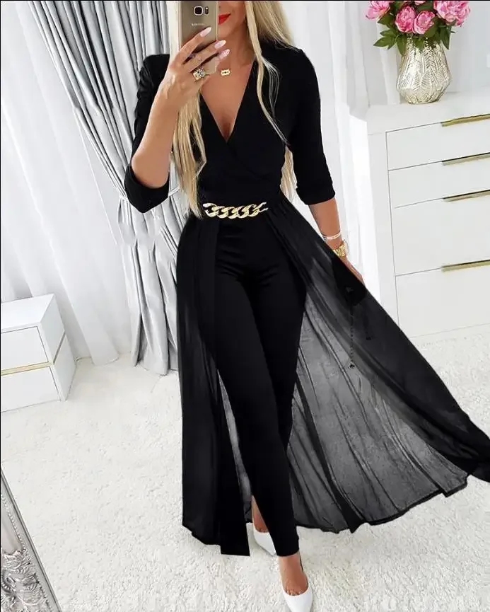 Fall Outfits Women Chain Decor Sheer Mesh Overlay Long Sleeve Tight Fitting Jumpsuit Fashion and Elegant Commuting Combinations