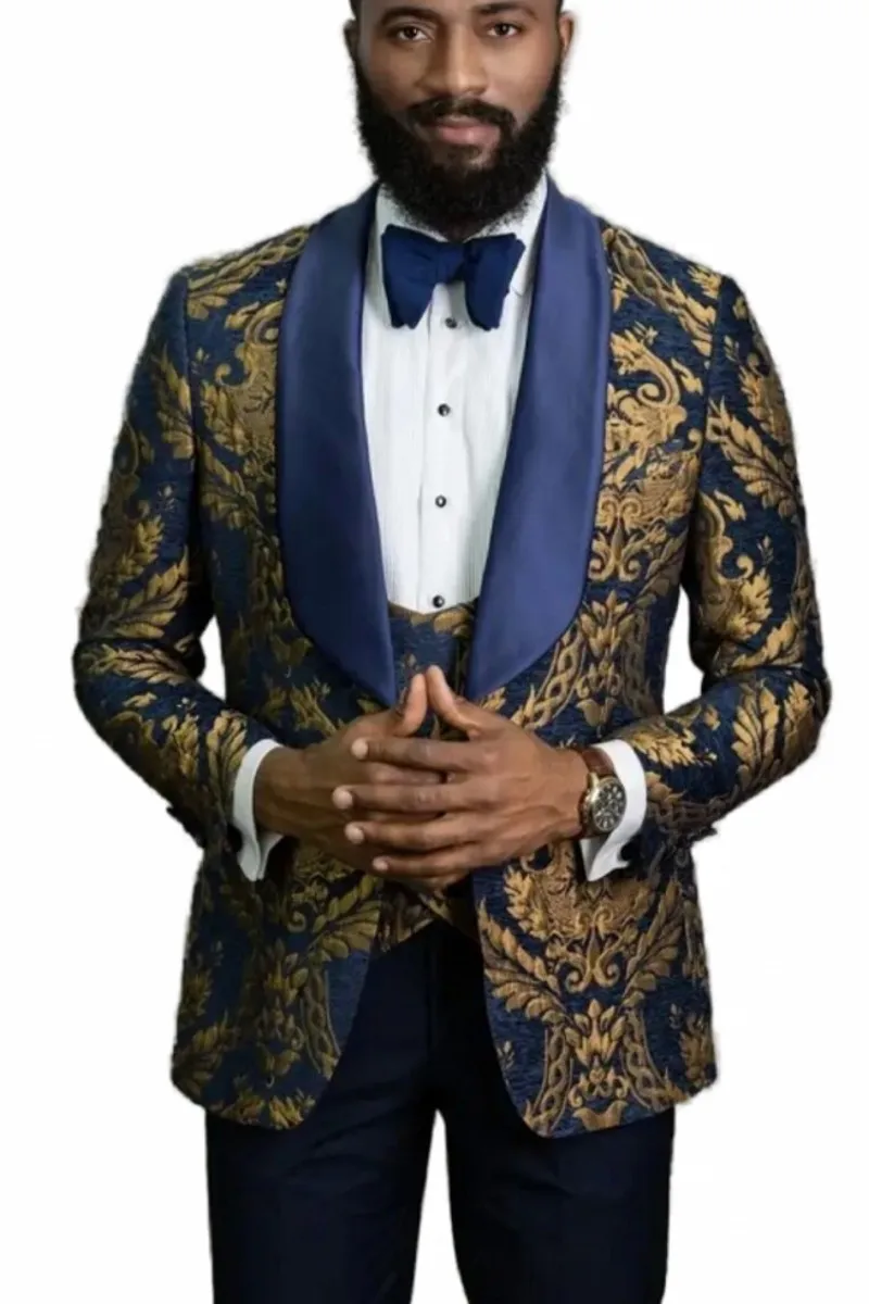 Men Suits Gold Pattern and Navy Blue Groom Tuxedos Shawl Satin Lapel Groomsmen Wedding Best Man ( Jacket+Pants+Vest+Tie ) C699