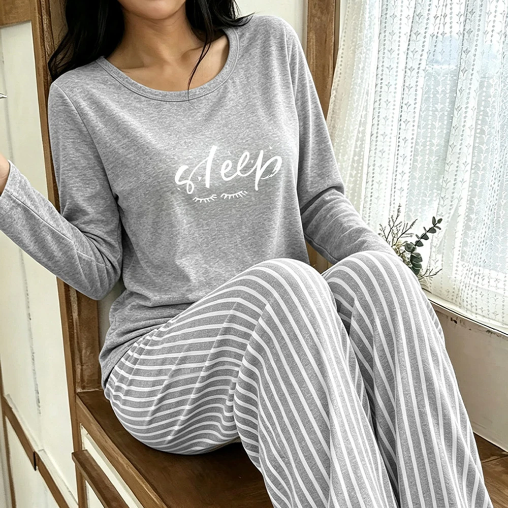 Women Pajamas Set Long Sleeve Sleep Letter Print Top Striped Pants 2 Piece Loungewear Casual Homewear Ladies Sleepwear Pijama 2