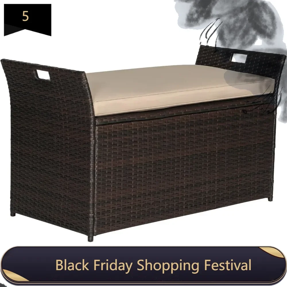 90 Gallon Outdoor Wicker Storage Bench with Cushion, Patio PE Rattan Deck Box with Handles