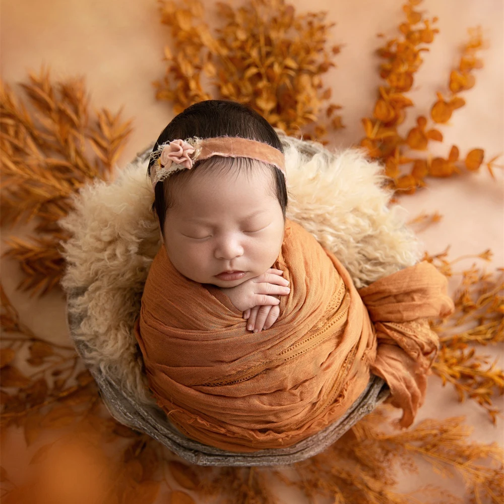 Newborn Photography Props Soft Stretch Wrap Wool Blanket Autumn Maple Leaves Theme Studio Shooting Infant Knitted Cap Wraps