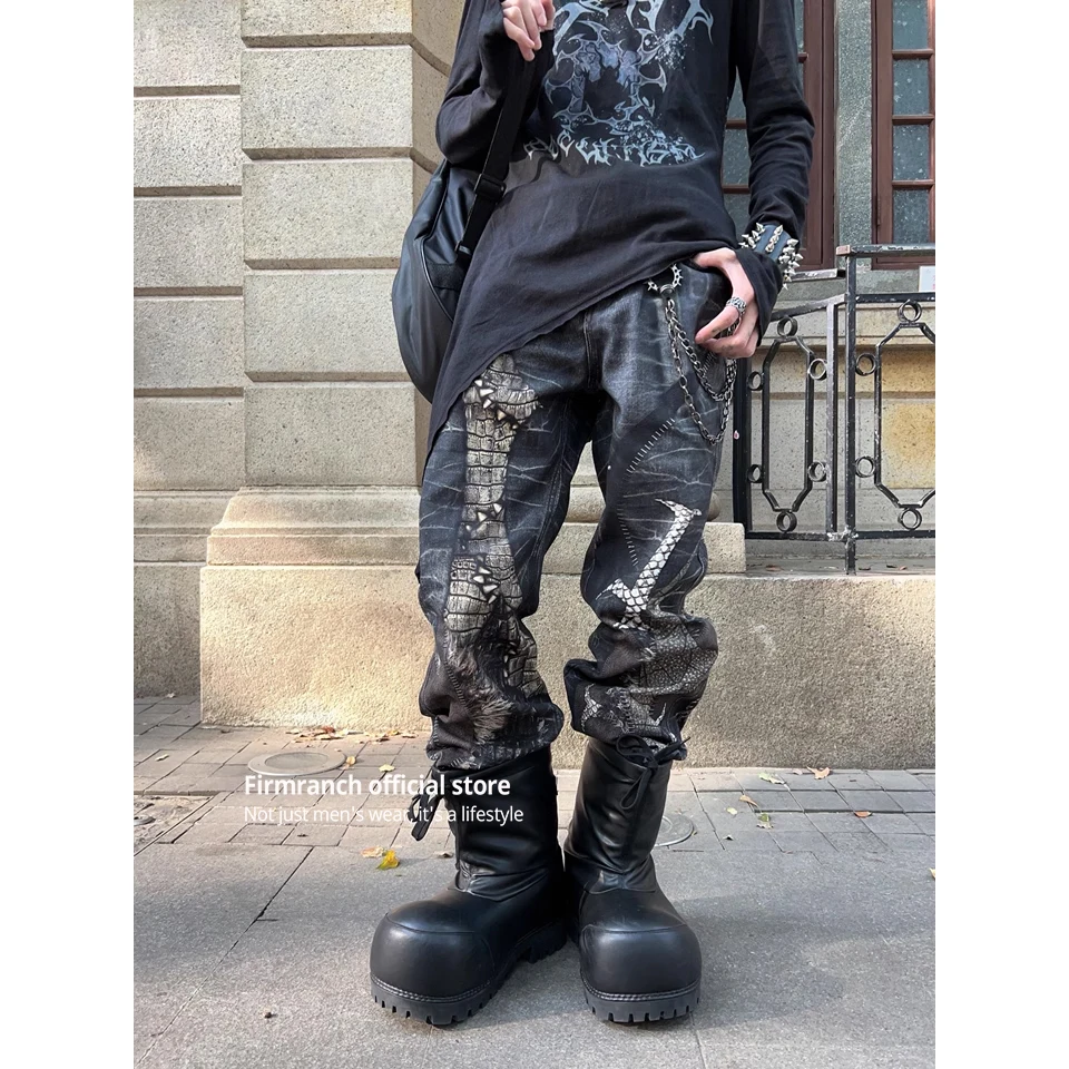 Firmranch Balck Python Skin Digital Print Jeans For Men Women Loose Punk Denim Pants Micro Flared Bootcut Mopping Trousers