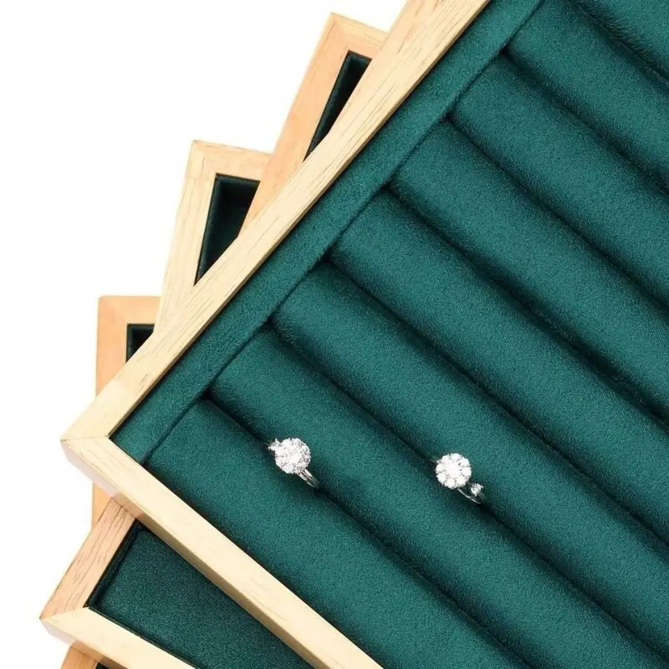 짙은 녹색 벨벳 대나무 보석 디스플레이 트레이 링 귀걸이 목걸이 팔찌 펜던트 주최자 서랍 보석 보관함