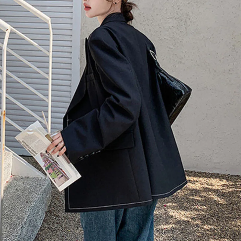 HKSH 春秋の新作レディースブレザー非対称カラーブロックダブルブレストポケットシックな韓国多用途カジュアルジャケット HK14379