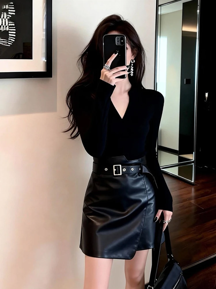Black V-Neck Knitted Base Shirt Women's Autumn Winter Slimming Skirt Set Cleanfit Polyester Fiber H-Shape High Waist Design