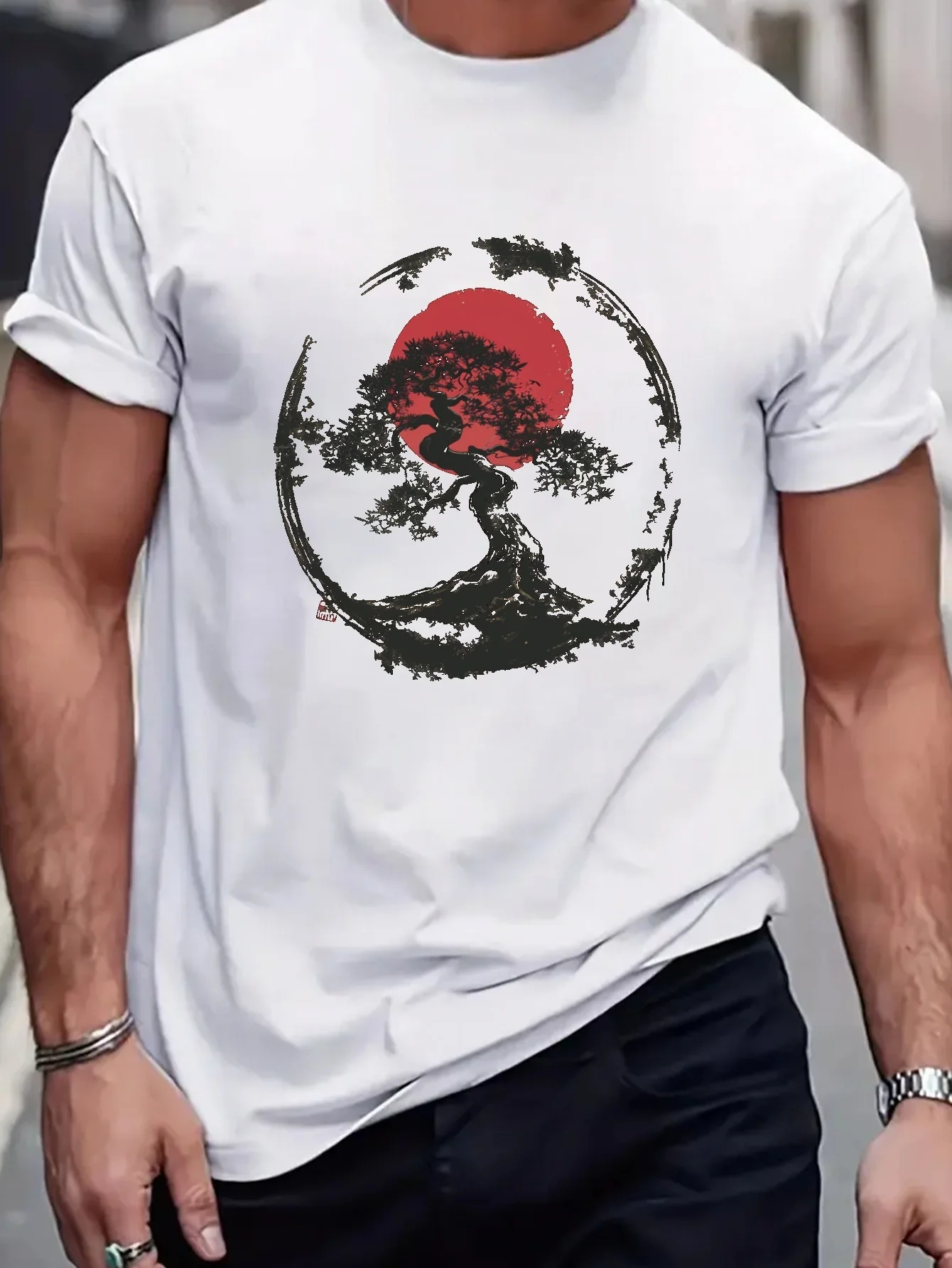 Summer 100% Cotton Men's T Shirt Breathable Comfortable Fabric Japanese Bonsai Landscape Pattern Printing Suitable Daily Casual