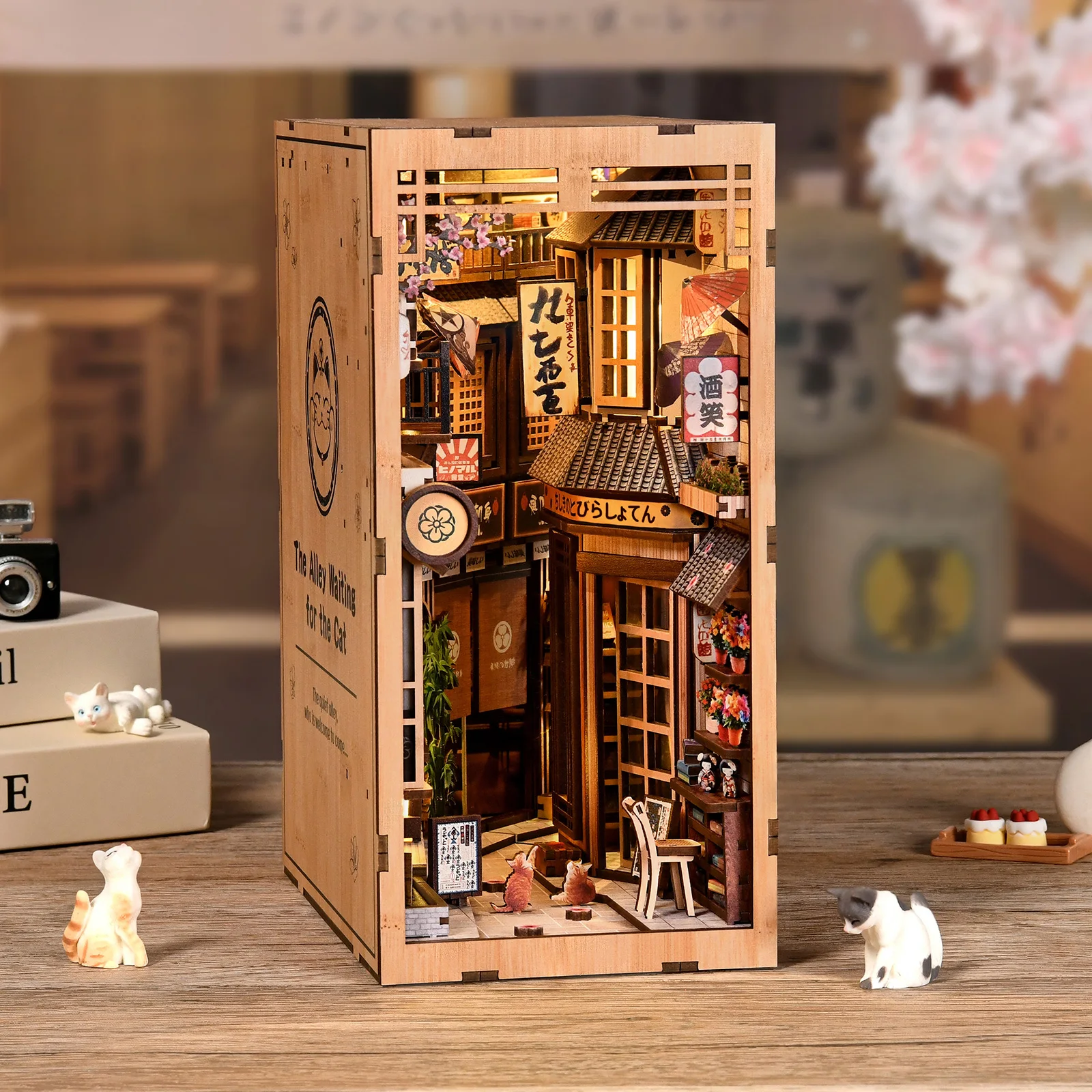 Cute DIY Miniature House Kit Japanese Alley Book Nook with LED Light Wooden Dollhouse Puzzle Home Decor Gift