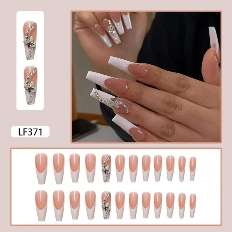 24 Pcs Long Press on Nails Acrylics Reusable Full Set White French False Nails 3d Butterfly Rhinestone Coffin Nail Tips Fashion