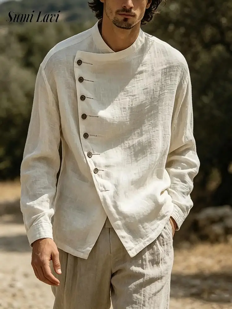 Klassische unregelmäßige Strickjacke mit Knöpfen für Herren, Frühling und Sommer, lässiges, lockeres Leinenhemd mit Stehkragen, Vintage-Langarmhemden für Herren