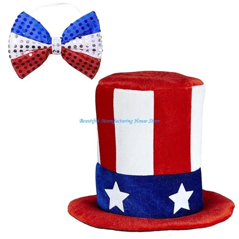 

E56A Independence Day Patriotic Hat Stovepipe Hat and BowTie Set Sequined Patriotic Headwear Celebrations on the 4th of July