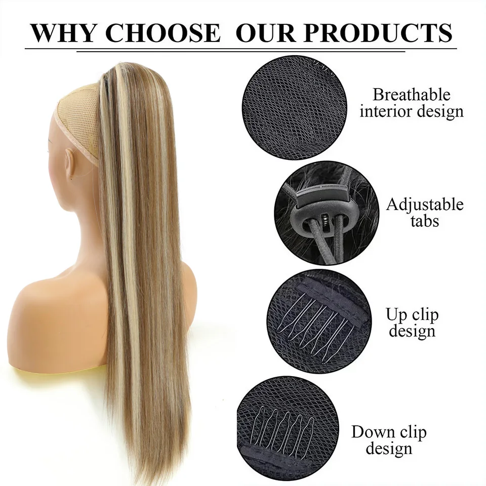 Extensões de Rabo de Cavalo Liso com Cordão, Loiro Ombré, Fibra de Alta Temperatura, 28 Polegadas, Cabelo Sintético para Mulheres