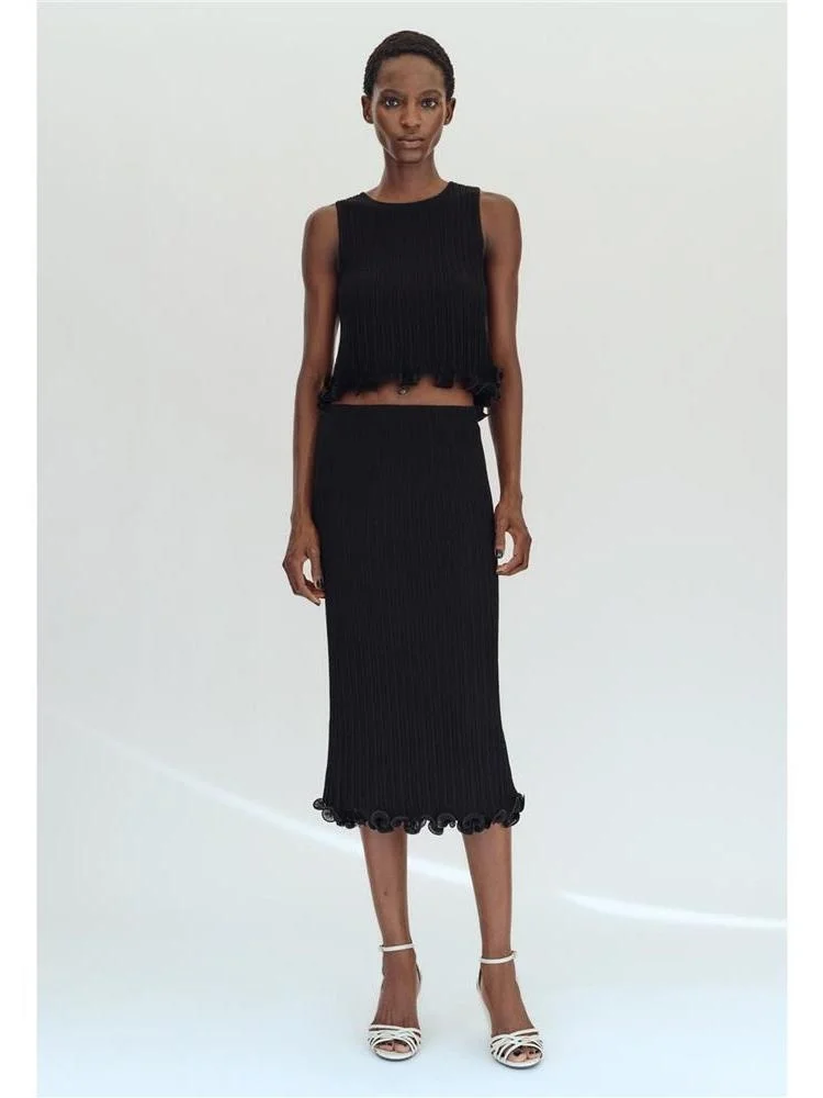 No-Sleeve round Neck Knitted Top Elastic Waist Double Layered Half Skirt ZA26 2488101 2488114 Knitted  Skirt Elastic Wais...