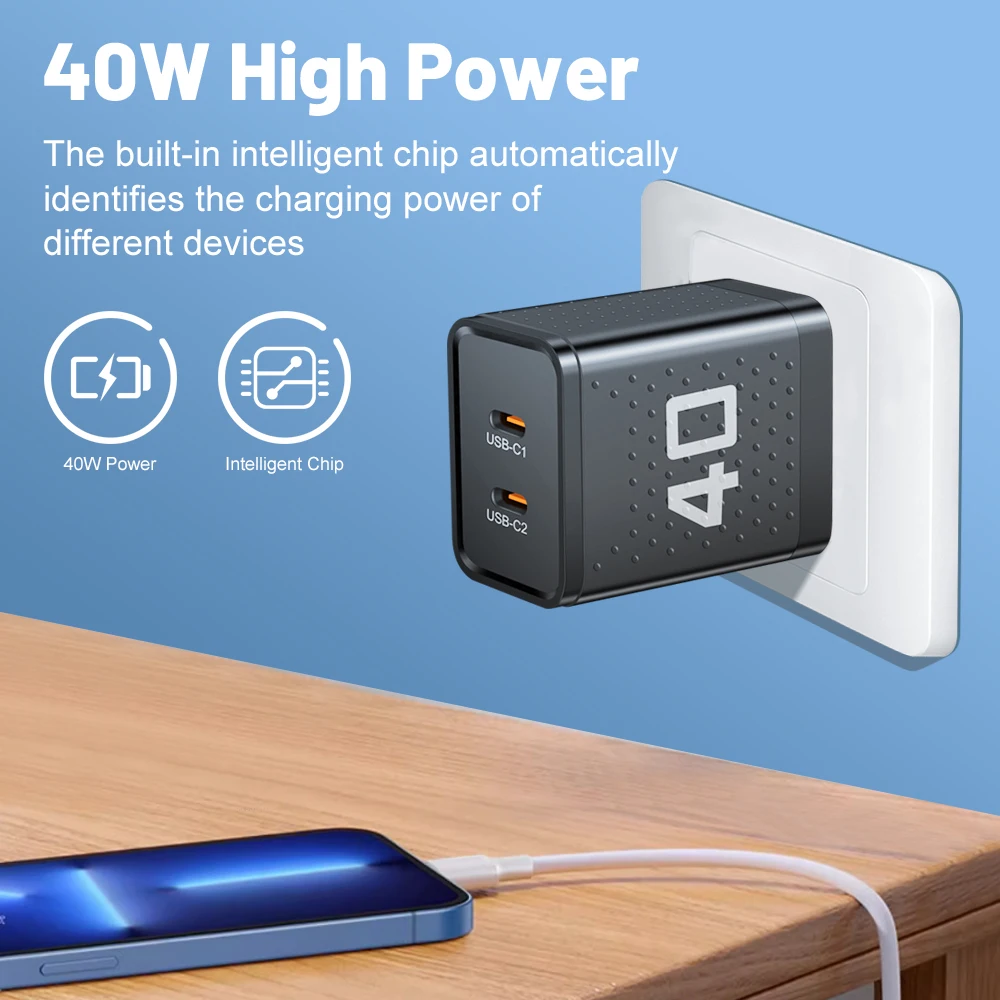 40W 2 Port Type‑C Fast Charger USB‑C Quick Charge Adapter Portable Charger For iPhone Xiaomi Samsung Huawei High‑Speed Adapter