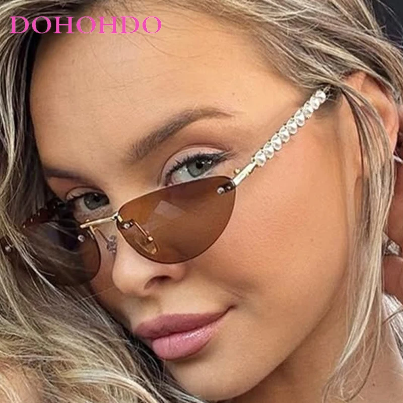 

Fashion Small Triangular Cat Eye Rimless Pearl Metal Sunglasses Woman Man New High Quality Sunglass Driving Travel Eyewear UV400