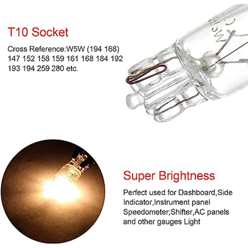 Ampoules halogènes de voiture T10, 12V, 5W, 3W, W5W, 194, 158 Wedges, Auto, Blanc chaud, Lampe de lecture, Lampe de dégagement, 10 pièces