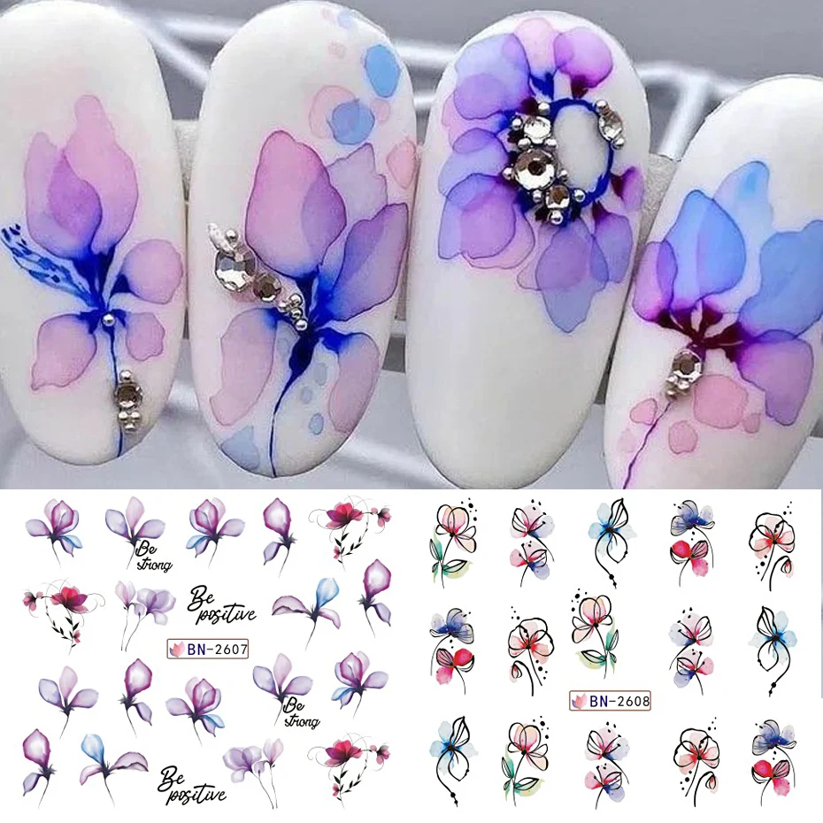 الزهور المائية يترك ملصقات الأظافر خط الهندسة الكتابة على الجدران رسمت الملونة المنزلق نقل المياه الشارات مانيكير الديكور