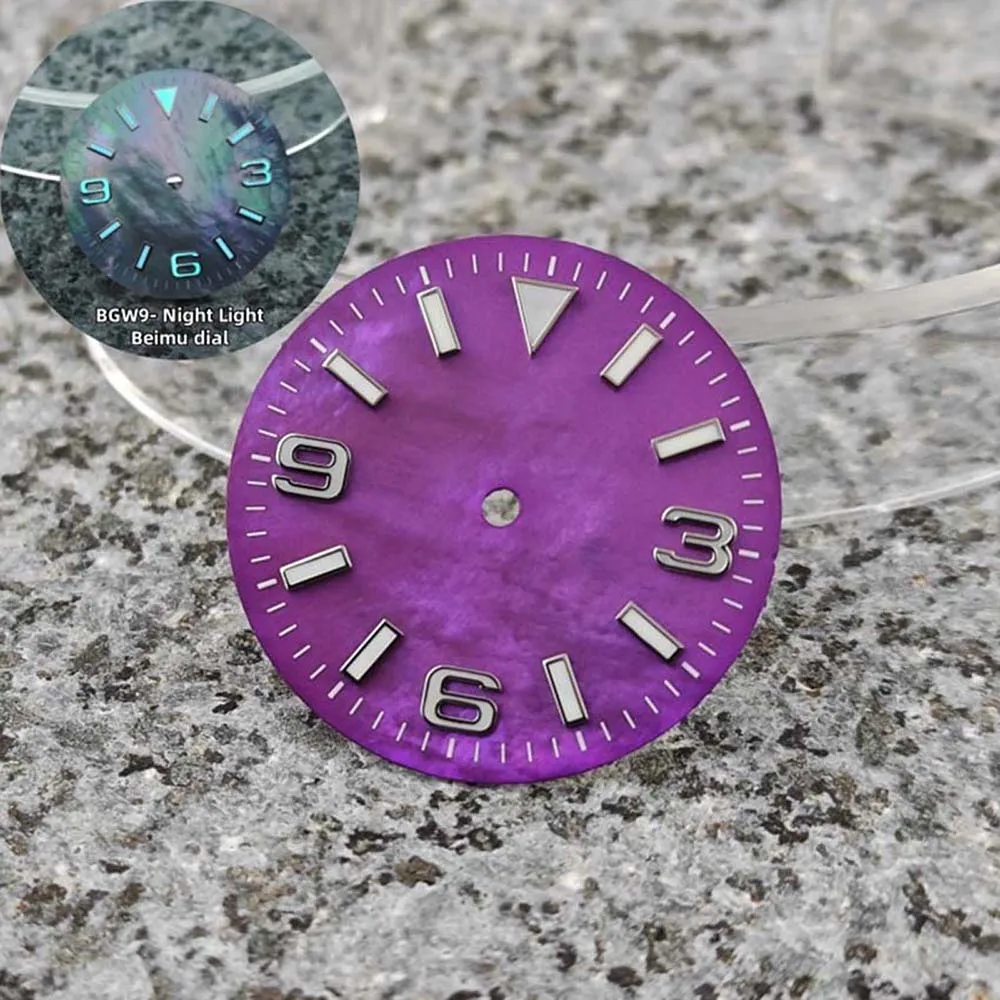 قرص NH35 مع أزرق مضيء 28.5 ملم أسود/أزرق/أرجواني/وردي/أبيض ساعة وجه شل قرص ساعة لحركة NH35 قذيفة الاتصال الهاتفي