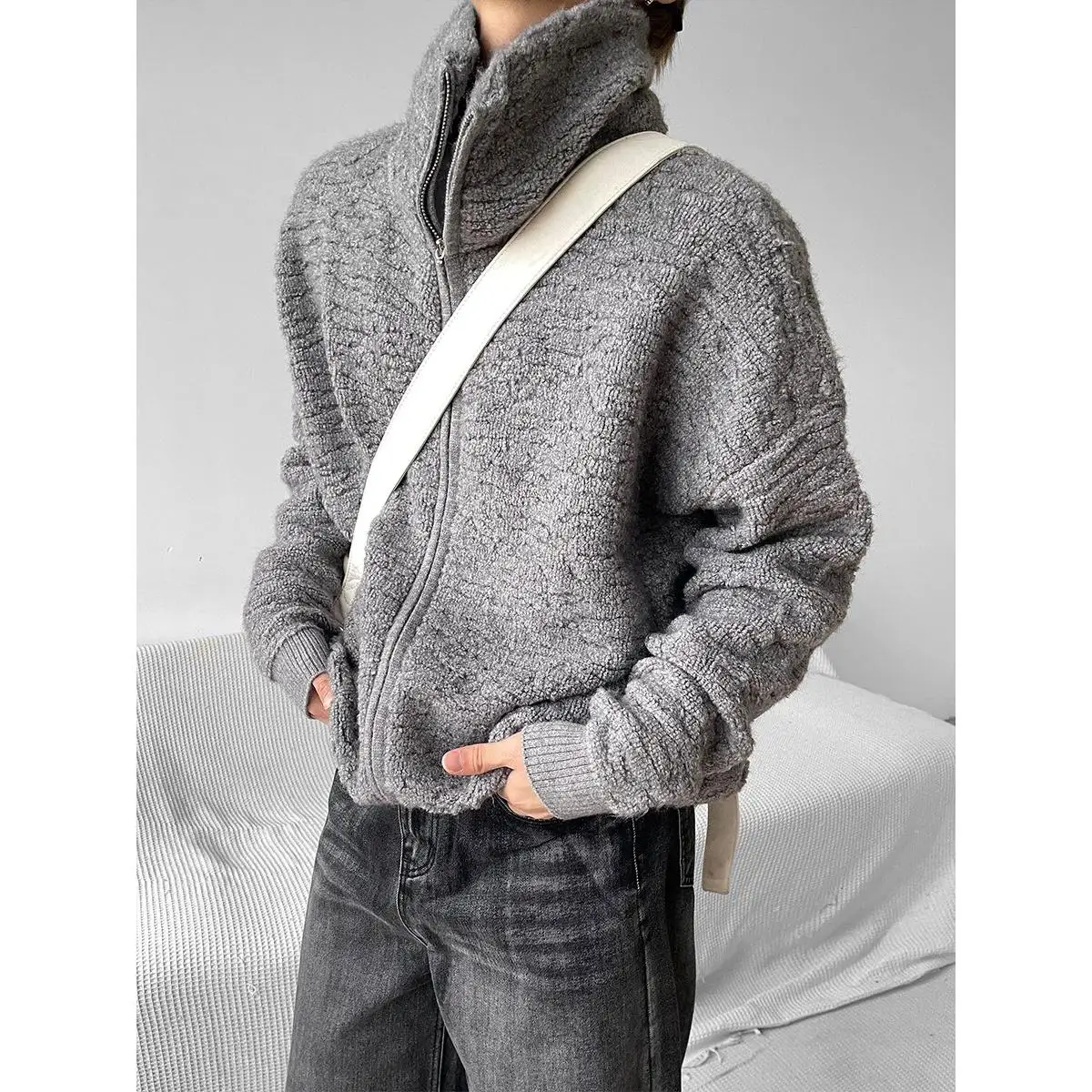 

Laid-ba Sle Zipper Knitted Sweater ex Casual Autumn Winter New Warm Couple's Open Cardigan Outerwear Leisure
