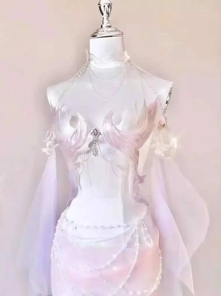 

Xishuangbanna Русалка принцесса косплей костюм розовый бюстье без бретелек сказочный топ юбка с блестками головной убор