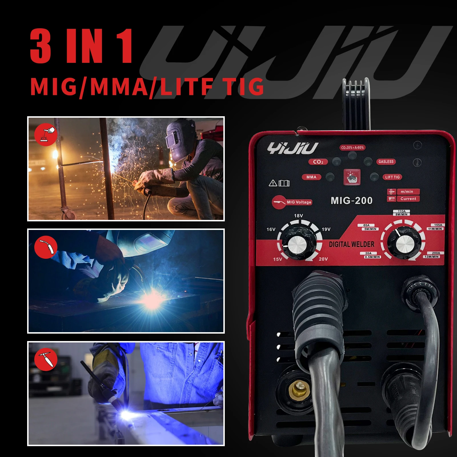 YIJIU New Portable 220V 3 in 1 MIG-120DG Gasless MIG/MMA/TIG Welding Machine with Digital Display Home & Light Industry Use