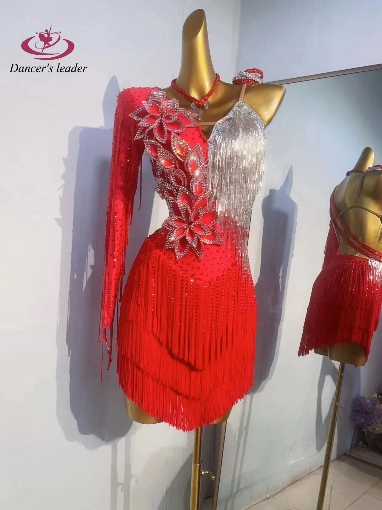 

Latin Dance Stage Women's High-end Customized Red Flower Embroidery Splicing Tassel Samba Rhinestone Performance Clothing Dress