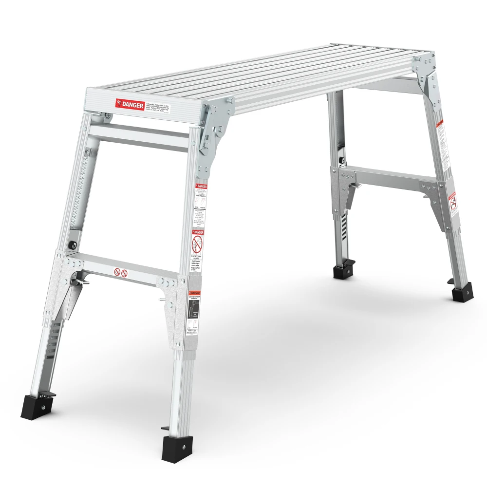 Aluminum Work Platform Large Size Step Stool Folding Portable Work Bench 40"  Width Telescopic Feet 22" -27.5" Height Adjustable