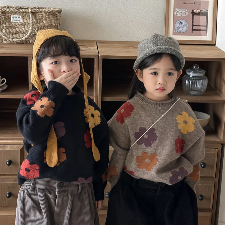 

2025 Autumn 1-8Y Kids Boys Sweater Cotton Colorful Flower Children Boys Knitwear Retro Velvet Warm Toddler Babys Boys Pullovers