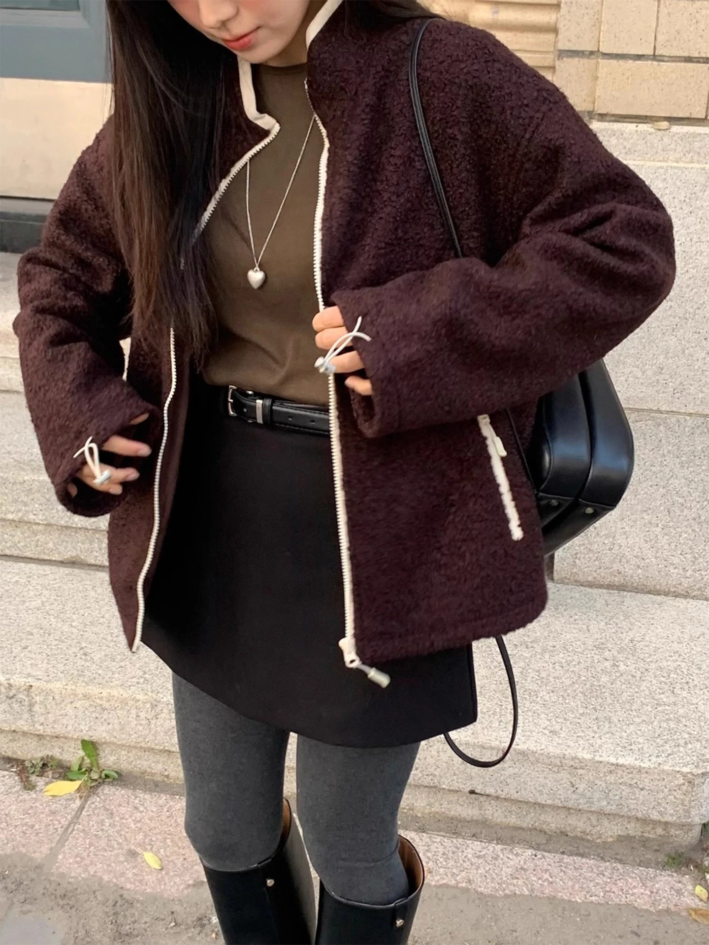 

Retro Spliced Thiened Woolen Coat Women's Loose Fit Long Sve Cotton Jaet Sli Versatile Winter Outerwear