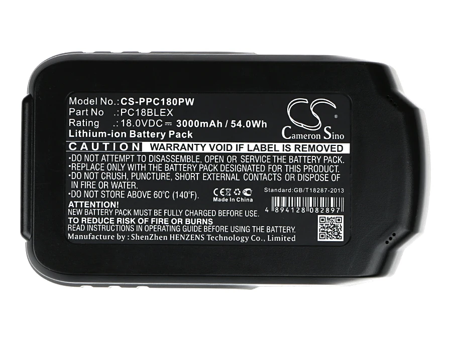 CS Replacement Battery for Porter Cable PC18AG,PC18AL,PC18CHD,PC18CSL,PC18DS,PC18FL,PC18ID,PC18JR,PC1 PN:PC18B 3000mAh / 54Wh
