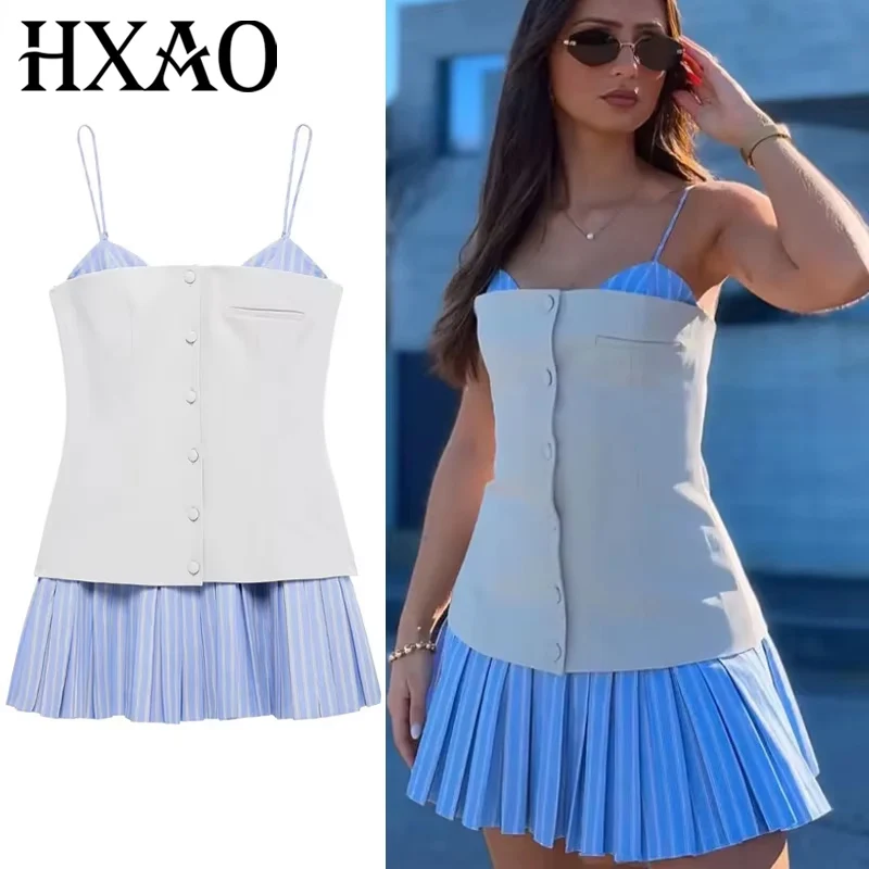 HXAO Slip Damenkleider 2025, Patchwork-Streifen, kurzes Kleid, ärmellos, Sommer-Minikleid, plissiert, rückenfrei, Partykleider 088