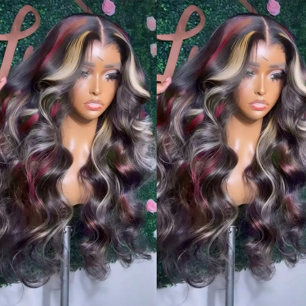 

1B/27/Red Ombre 30 Inch Highlight Human Hair Lace Wig 5x5 Glueless Closure Burgundy Body Wave Wigs Pre Plucked 200 Density