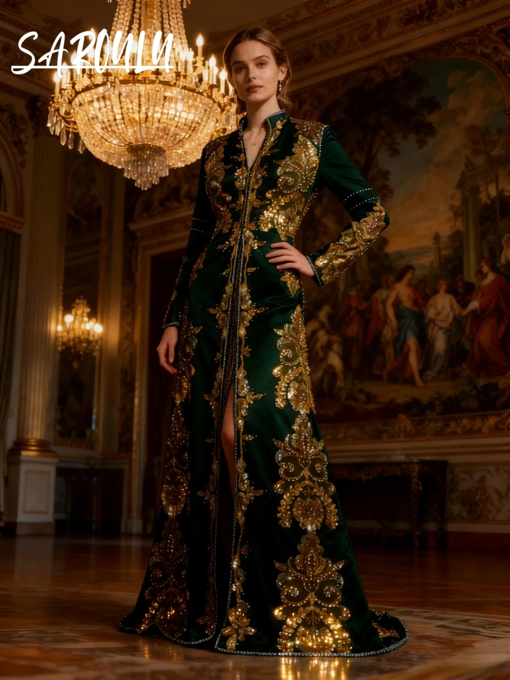 

Modest A Line Evening Dresses Luxury Fashion Long Sleeved Caftan Abaya Floral Appliques Customized Prom Gown Robe De Mariée