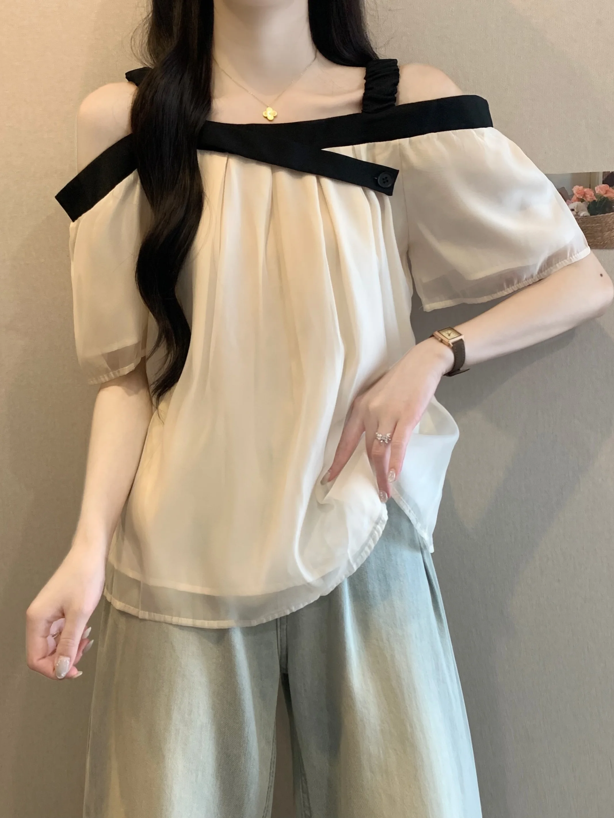 

plus Size Women's Casual Sweet Sle ort Sve Chiffon Blouse Strap Design Loose Fit Slimming oulder Exposure Top