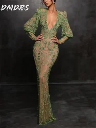 Luxurious Beaded Long Sleeve Evening Gown Sexy V-Neck Applique Party Dress Elegant A-line Floor Length Gown Customized