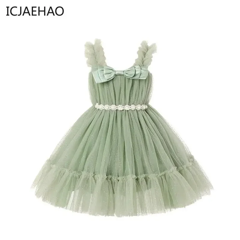 2025 Baby Dress For Girl Sleeveless Sling Dresses Pleated Ball Gown Sweet Girl Children Birthday Party Cost Girls Dress