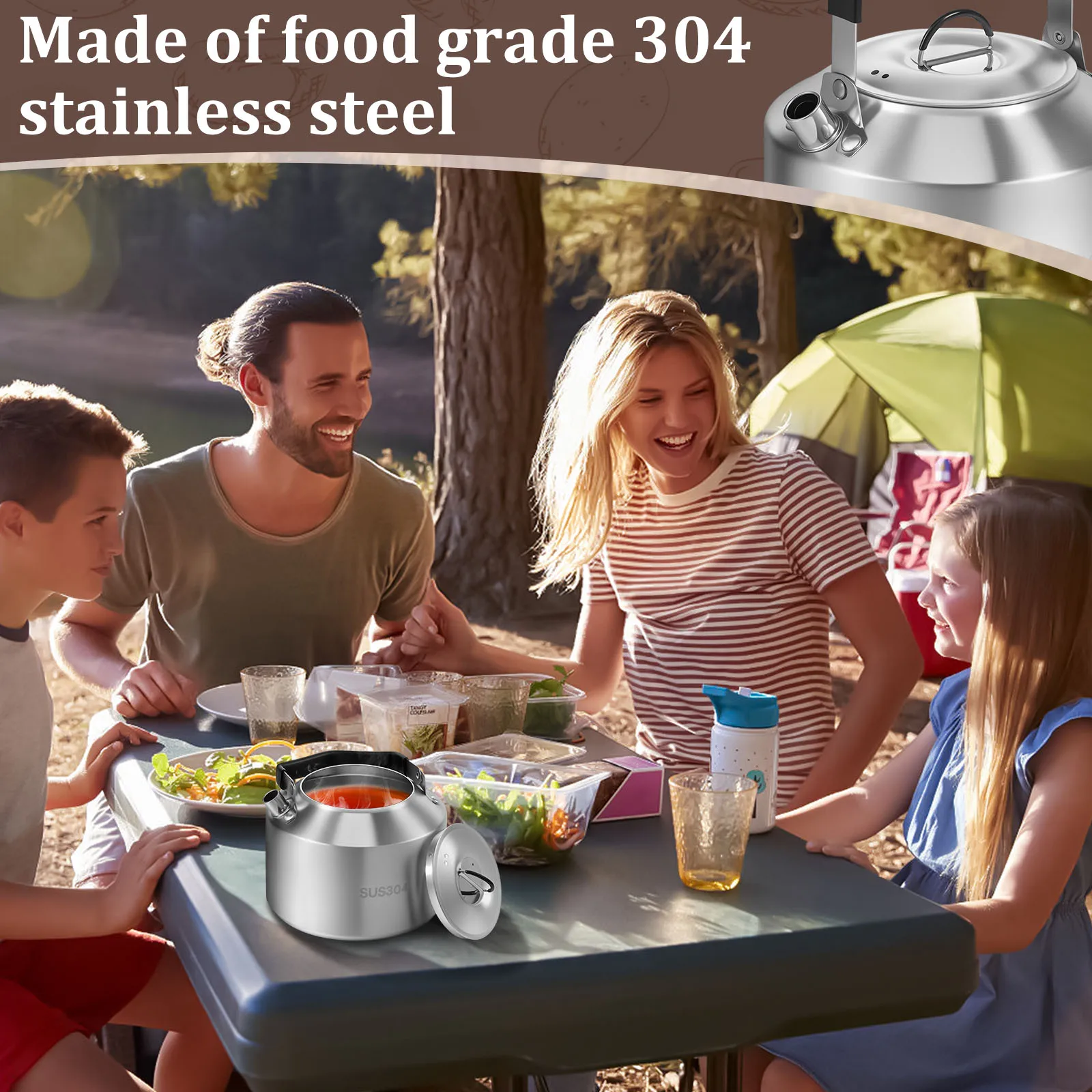 Bollitore da campeggio con manico antiscottatura Teiera da campo portatile in acciaio inossidabile per viaggi, attività all'aperto, teiera all'aperto