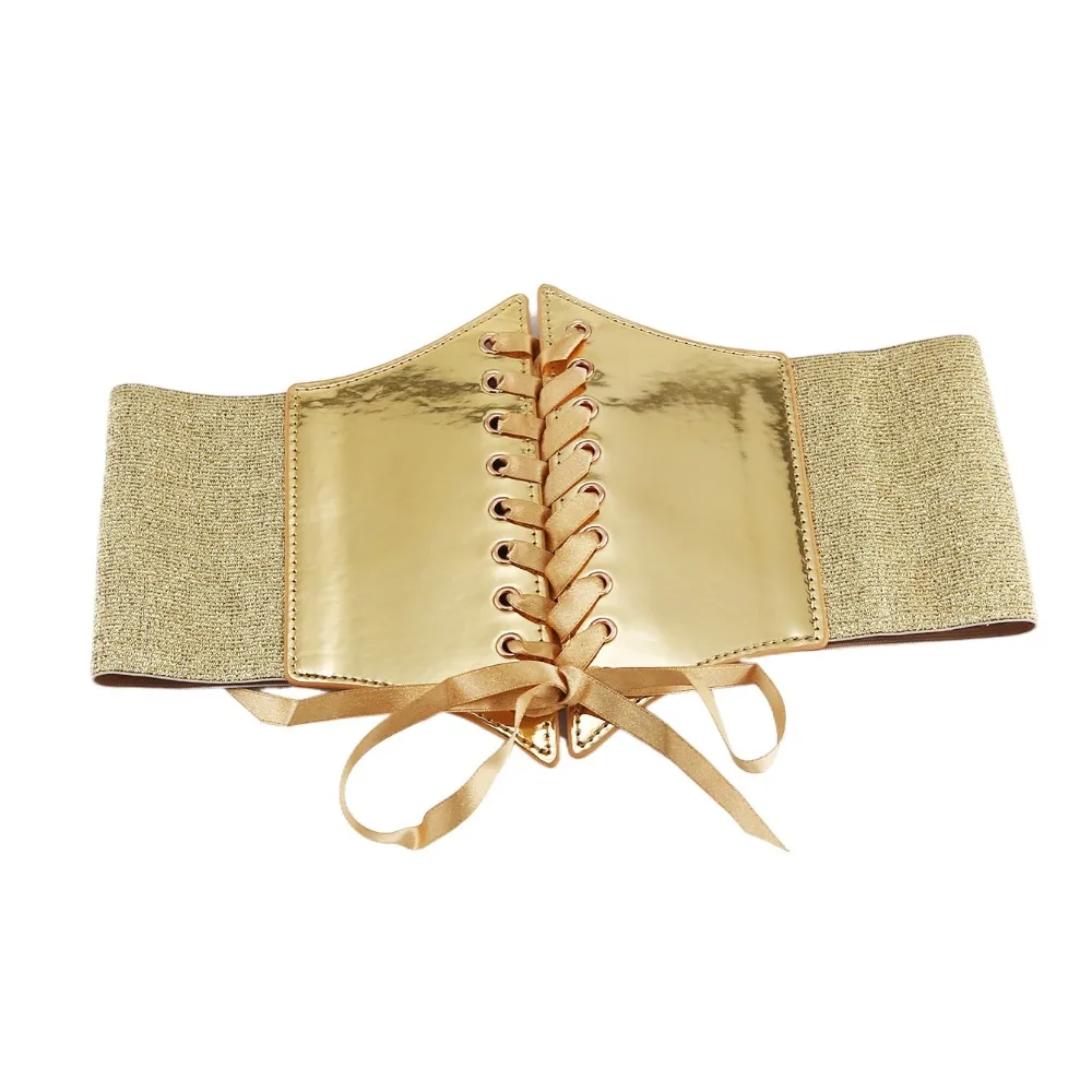 حزام خصر ريترو متعدد الاستخدامات، حزام مشد ذهبي وفضي، تصميم مرن، حزام عريض من جلد البولي يوريثان للنساء
