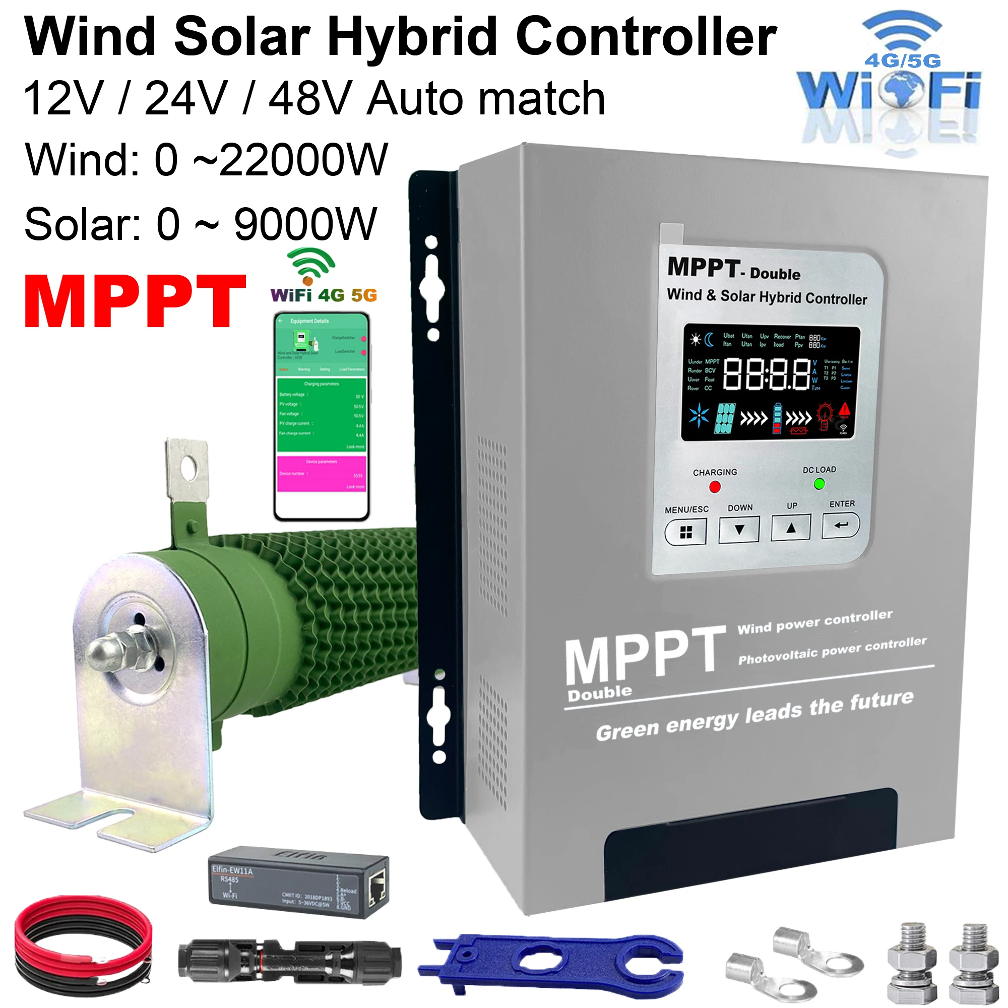 

Гибридный контроллер заряда MPPT для ветровых и солнечных систем, 3000 Вт (ветер) / 5000 Вт (солнце), 12/24/48 В, автоматический, с функцией сброса нагрузки и опциональным Wi-Fi