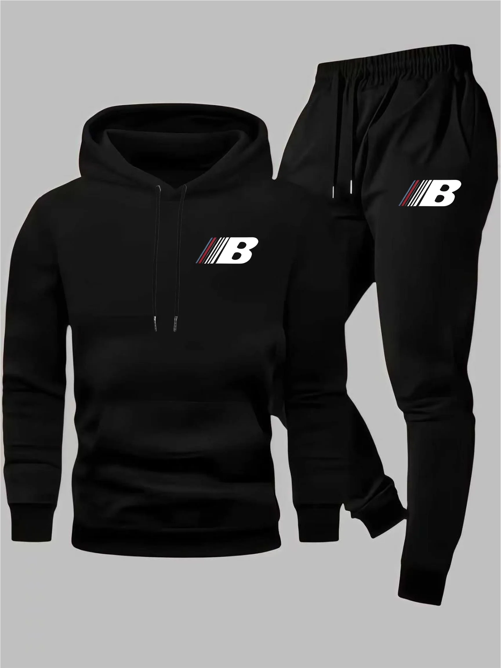 2026 New Men 2 Piece Outfit Letter B Logo Print Hoodie and Jogger Pants Casual Streetwear Sports Matching Tracksuit - view 5