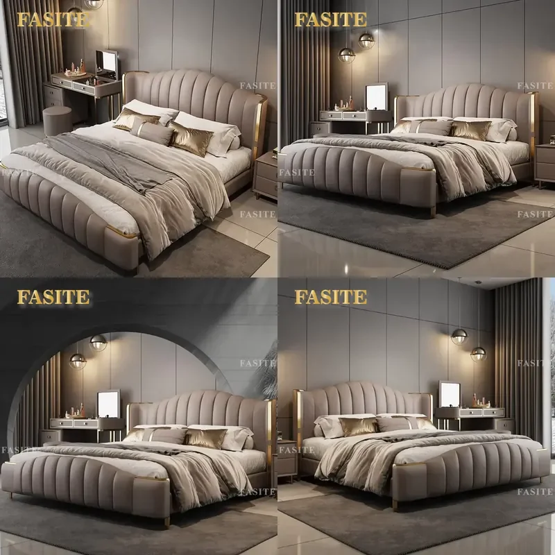 Modern Luxury Leather Upholstered Bed Frame King Queen Double Size Wooden Bedroom Furniture Set Elegant Design Comfortable